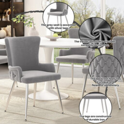 HomeTouch Set Of 2 Modern Grey Velvet Dining Chairs With Wing Back & Silver Legs - thumbnail 8