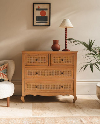 Statement Furniture Louis Aged Oak Rattan 4 Drawer Chest - image 1