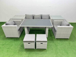 Fimous Patio Garden Furniture Sets With Black Glass Top Dining Table Armchair 3 Seater Sofa 2 Side Tables 2 Small Stool Light Grey - thumbnail 1