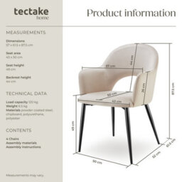 Tectake Set Of 4 Dining Chair Sasha- Padded Armchair In Velvet Look, Continuous Backrest  - Cream - thumbnail 6