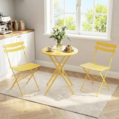 Set Of 3 Garden Foldable Bistro Set, Small Garden Round Table Set, Yellow - image 1