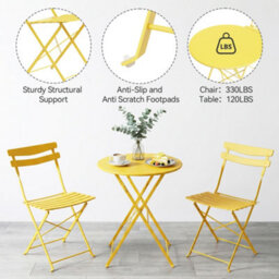 Set Of 3 Garden Foldable Bistro Set, Small Garden Round Table Set, Yellow - thumbnail 5