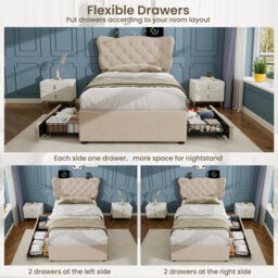 Matteo 3Ft Single Upholstered Bed Frame With Storage Drawers, Charging Station & Button Tufted Headboard - Beige - thumbnail 6