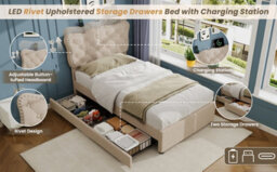 Matteo 3Ft Single Upholstered Bed Frame With Storage Drawers, Charging Station & Button Tufted Headboard - Beige - thumbnail 9