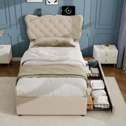 Matteo 3Ft Single Upholstered Bed Frame With Storage Drawers, Charging Station & Button Tufted Headboard - Beige - thumbnail 4