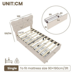 Matteo 3Ft Single Upholstered Bed Frame With Storage Drawers, Charging Station & Button Tufted Headboard - Beige - thumbnail 8
