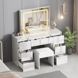High Gloss White Dressing Table Vanity Makeup Desk 7 Drawers - thumbnail 3