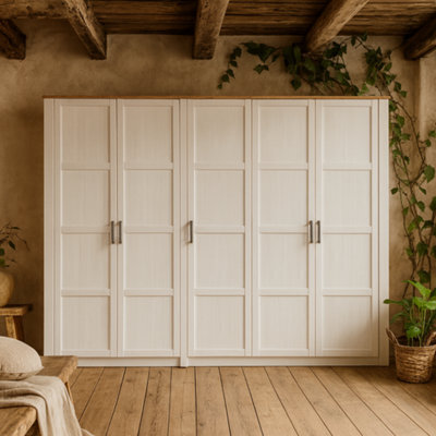 Wyld Haus Geneva 5-Door Wardrobe In White Riviera Oak And Sibiu Light Larch With Shelves And Hanging Rails - image 1