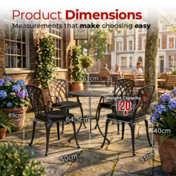 Centurion Supports Oshowa Garden And Patio Table And 4 Large Chairs With Armrests Cast Aluminium Bistro Set - Black Cushions - thumbnail 9