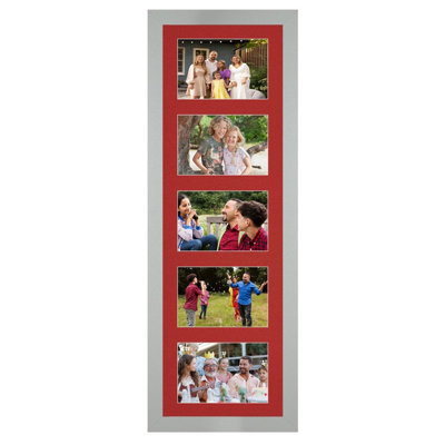 AK Frames 26X8 Light Grey Modern Multi Photo Frame With Crimson Mount - Holds 5 Apertures (5X) 6X4 Photos - image 1