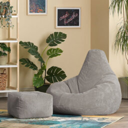 icon Dalton Cord Adults Bean Bag Recliner And Pouffe, Ready Filled Beanbag And Footstool Grey - thumbnail 3