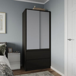 Urbn-Living Urbnliving 2 Sliding Doors Wardrobe 2 Drawer Bedroom Clothes Hanging Rail Black Carcass With Grey Doors Storage Cupboard - thumbnail 1