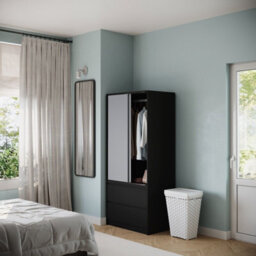 Urbn-Living Urbnliving 2 Sliding Doors Wardrobe 2 Drawer Bedroom Clothes Hanging Rail Black Carcass With Grey Doors Storage Cupboard - thumbnail 2