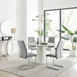 Furniturebox Uk Palma Beige Stone Effect Round Dining Table & 4 Grey Lorenzo Chairs - thumbnail 1