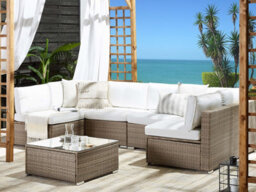 Beliani Garden Corner Sofa With Table 6 Seater Belvedere Pe Rattan White - thumbnail 2