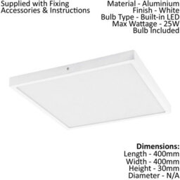 Sleek 400mm Square Led Wall And Ceiling Light - 25W 4000K Bright White Finish - thumbnail 2