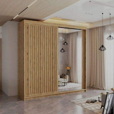 M N Furniture Ltd Wardrobe With Led Light - Modern Sliding Wardrobe - 2 Or 3 Door Bedroom Cabinet With Mirror (Oak/oak, 203Cm) - image 1