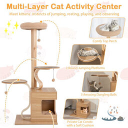 Costway Wooden Cat Tree 129Cm Tall Cat Tower Cat Climbing Gurniture W/ Cat Condo - thumbnail 5