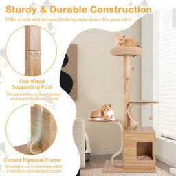 Costway Wooden Cat Tree 129Cm Tall Cat Tower Cat Climbing Gurniture W/ Cat Condo - thumbnail 6