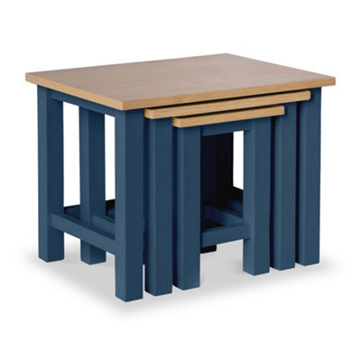 Farro Navy Blue Nest Of 3 Tables - Painted With Oak Top - Fully Assembled By Roseland Furniture - image 1