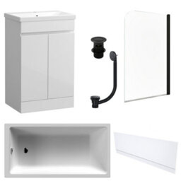 FNX Bathrooms Waterproof 600mm Vanity Unit With Single Ended Bath, Gloss White Front Panel, Matt Black Screen, Bath & Slotted Basin Waste - thumbnail 1