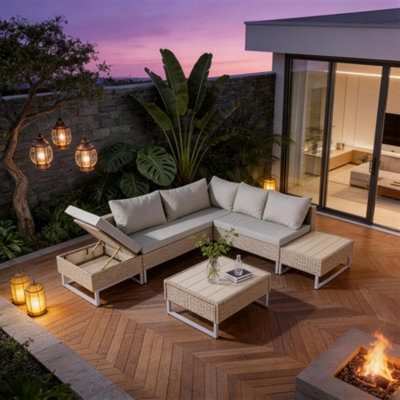 Fenchilin Garden Lounge Corner Sofa Set Rattan Cushioned Sofa And Table With Metal Legs Khaki