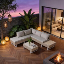Fenchilin Garden Lounge Corner Sofa Set Rattan Cushioned Sofa And Table With Metal Legs Khaki - thumbnail 2