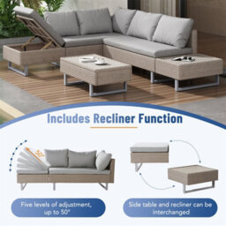 Fenchilin Garden Lounge Corner Sofa Set Rattan Cushioned Sofa And Table With Metal Legs Khaki - thumbnail 4