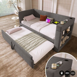 Merax 3Ft Day Bed 90X190 Cm, Linen Sofa Bed With Pull-Out Trundle 90X190 Cm, Usb & Type-C Charging, Cup Holders, Grey - thumbnail 3