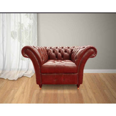 Chesterfield Armchair Buttoned Seat Old English Aniline Chestnut Leather In Balmoral Style - image 1