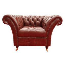 Chesterfield Armchair Buttoned Seat Old English Aniline Chestnut Leather In Balmoral Style - thumbnail 2