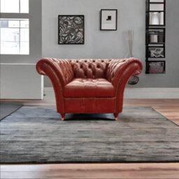 Chesterfield Armchair Buttoned Seat Old English Aniline Chestnut Leather In Balmoral Style - thumbnail 3