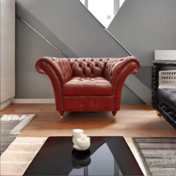Chesterfield Armchair Buttoned Seat Old English Aniline Chestnut Leather In Balmoral Style - thumbnail 4