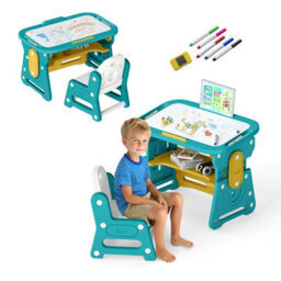 Gainoom Kids Yellow Table And Chair Set Height Adjustable Toddler Drawing Table With Tiltable Whiteboard