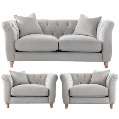 Furnishings For Less UK Elsie Velvet Chesterfield Plush Velvet Chalk 2 Seater + 2X Armchair Set - image 1