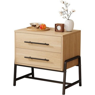 Light Wood Nightstand With Drawers Wide Bedside Table Featuring Metal Legs - image 1