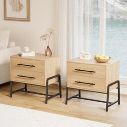 Light Wood Nightstand With Drawers Wide Bedside Table Featuring Metal Legs - thumbnail 5