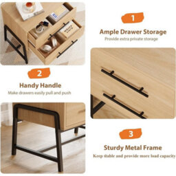 Light Wood Nightstand With Drawers Wide Bedside Table Featuring Metal Legs - thumbnail 4