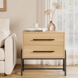 Light Wood Nightstand With Drawers Wide Bedside Table Featuring Metal Legs - thumbnail 6