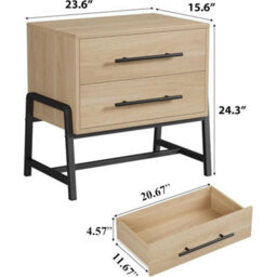 Light Wood Nightstand With Drawers Wide Bedside Table Featuring Metal Legs - thumbnail 2