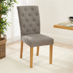 The Furniture Market Bunbury Grey Fabric Button Back Dining Chair Natural Oak Legs Classic Upholstered Seat Sprung & Webbed Base Wood Frame