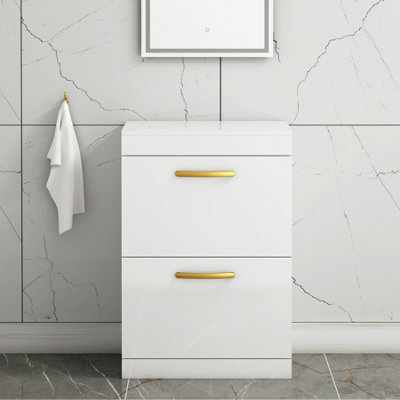 Royal Bathrooms Turin 600mm Gloss White Floor Standing Worktop Vanity Unit - 2 Drawer With Brushed Brass Handle - image 1
