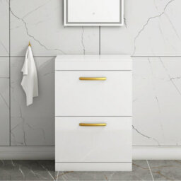 Royal Bathrooms Turin 600mm Gloss White Floor Standing Worktop Vanity Unit - 2 Drawer With Brushed Brass Handle - thumbnail 1