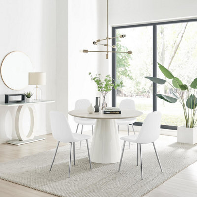 Furniturebox Uk Palma Beige Stone Effect Round Dining Table & 4 White Corona Silver Chairs - image 1
