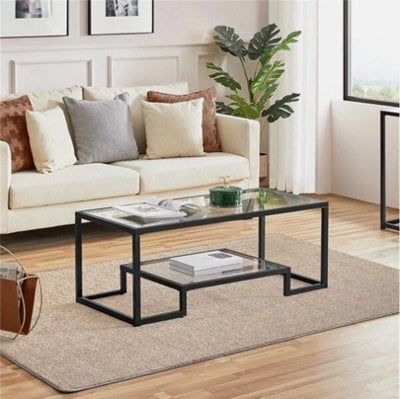 Modern Tempered Glass Coffee Table With Open Shelf  Metal Frame For Living Room - image 1