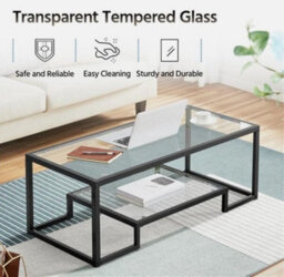 Modern Tempered Glass Coffee Table With Open Shelf  Metal Frame For Living Room - thumbnail 7