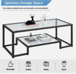 Modern Tempered Glass Coffee Table With Open Shelf  Metal Frame For Living Room - thumbnail 6