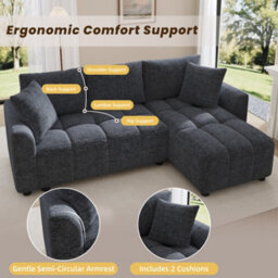 Btm 3 Seater Convertible Corner Sofa In Chenille Fabric With 2 Cushions For Living Room, Grey - thumbnail 4