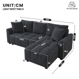 Btm 3 Seater Convertible Corner Sofa In Chenille Fabric With 2 Cushions For Living Room, Grey - thumbnail 6