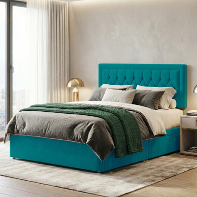 Adore Designs Diamond Cut Plush Velvet Divan Bed, Headboard - 6Ft Super King - Mallard - 2 Drawers Same Side - image 1
